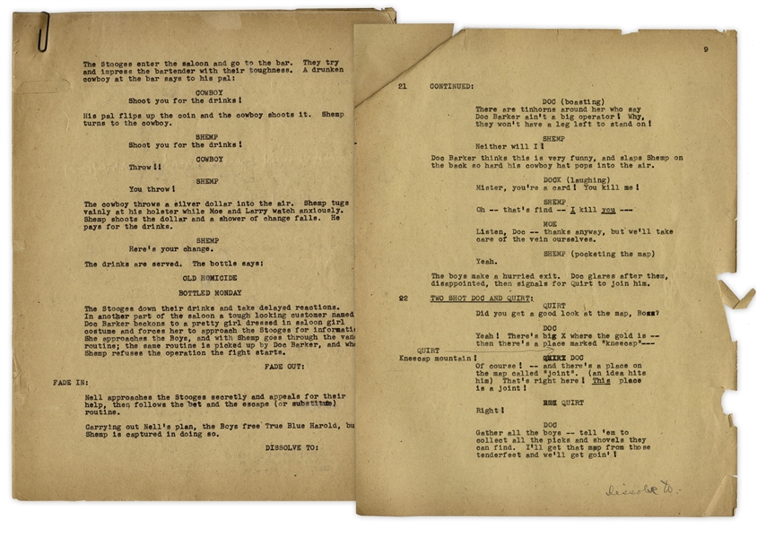 Moe Howard's 11pp. Partial Script for The Three Stooges' 1947 Film ''Out West'' -- With Annotation in Moe's Hand -- Likely Script Changes as Unbound -- Very Good Condition
